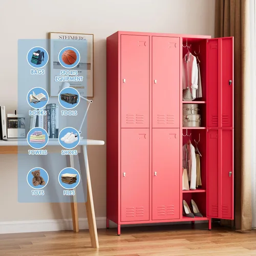 Miniatura 2 de SUPEER Casillero de Metal de 6 Puertas para Empleados con Soporte para Tarjetas de Visita y 18 Ganchos, Casillero de Metal para Empleados con Rojo