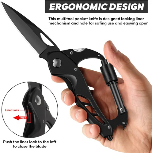 Miniatura 4 de Herramienta múltiple con mosquetón con cuchillo de bolsillo, equipo de supervivencia para camping y senderismo, llavero con mosquetones EDC