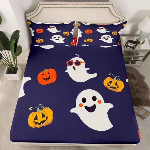 Miniatura 18 de Juego de ropa de cama de Halloween con patrón de sombras kawaii, sábana bajera tamaño queen, decoraciones de calabaza, luces de calabaza góticas