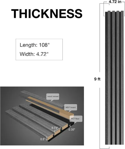 Miniatura 4 de NeatiEase Paneles de pared de madera, paneles de listones acústicos de 9 pies para decoración de paredes interiores y reducción de ruido, paneles