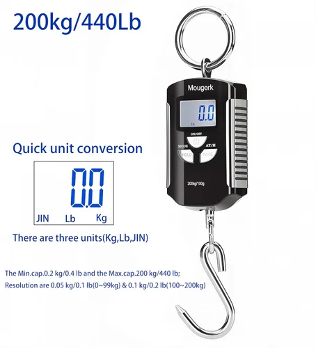 Miniatura 2 de Báscula colgante digital de 440 libras, 440.9 lbs, báscula de peso resistente, 2 pilas AAA (no incluidas) (negro plateado)