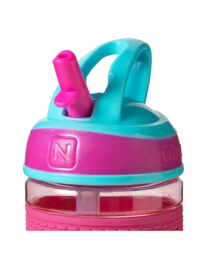 Miniatura 9 de Nuby Thirsty Kids Flip-it Freestyle On the Go Botella de agua con popote duro resistente a las mordeduras y banda de fácil agarre, rosquillas rosas