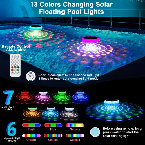 Miniatura 2 de Luces solares para piscina (1 unidad), 2600 mAh USB recargables luces flotantes flotantes de 6.7 pulgadas IP68 impermeable con control remoto, RGB