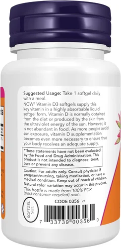 Miniatura 3 de Now Supplements, vitamina D3, 2,500 UI, salud ósea e inmunológica*, 180 cápsulas blandas