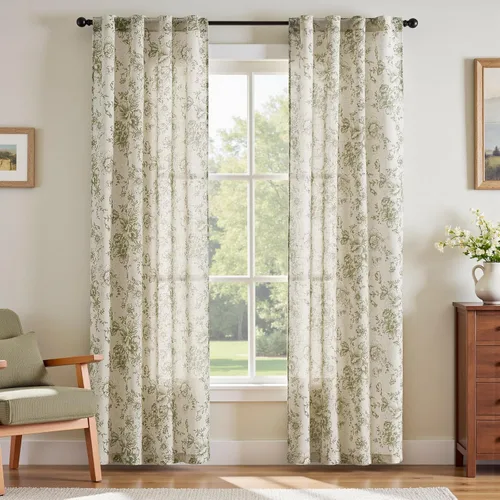 Miniatura 85 de Jinchan Cortinas de Mezcla de Lino con Estampado Floral para Sala de Estar, 84 Pulgadas de Largo, Cortinas con Bolsillo para Varilla y Tab Trasera