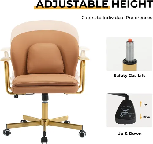 Miniatura 6 de Furniliving Sillas de oficina de cuero, silla de oficina dorada, silla giratoria ajustable para computadora con patas doradas y reposabrazos Marrón