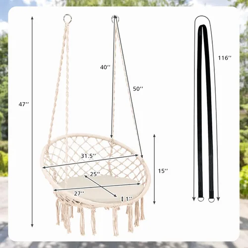 Miniatura 4 de Tangkula Silla hamaca con cojín, estilo bohemio de macramé con kit de accesorios para colgar y correa, columpio de cuerda colgante para interiores