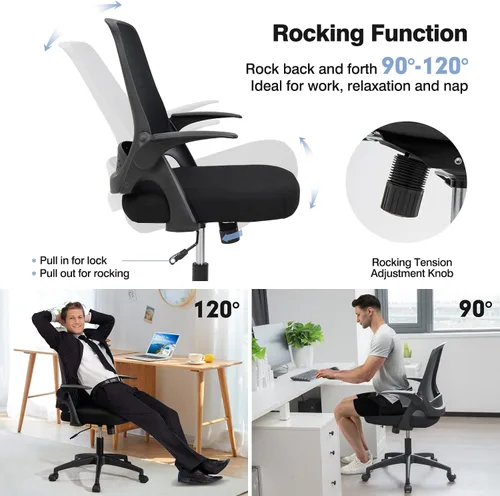Miniatura 5 de Giantex Silla ergonómica de malla con respaldo medio para computadora, soporte lumbar, reposabrazos abatibles, silla giratoria de altura ajustable