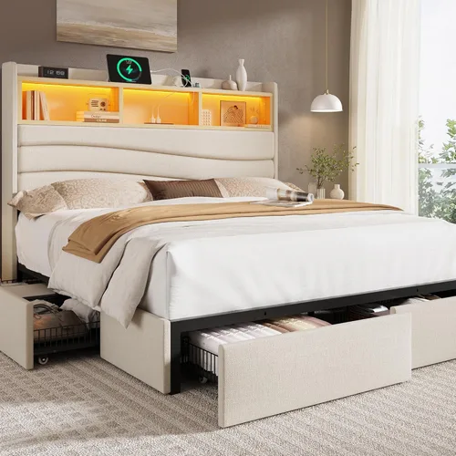 BRELTAM Base de cama tamaño King con 6 cajones de almacenamiento, plataforma tapizada de lino con estación de carga y luces LED, diseño de cabecera