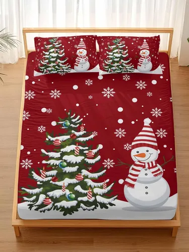 Miniatura 13 de Juego de sábanas con diseño de muñeco de nieve y árbol navideño para cama tamaño queen, 3 piezas - Sábanas con bolsillo profundo que se ajustan a