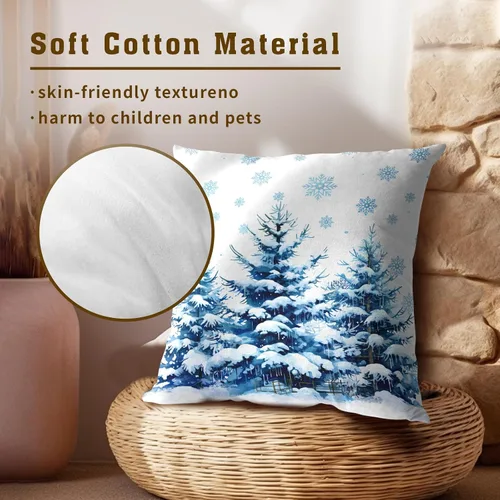 Miniatura 4 de Juego de 2 Fundas de Almohada Bosque Nevado, Copos de Nieve Azules Pinos Cuadradas Funda Decorativa de Cojín Algodón Suave Blanco 18x18 Pulgadas