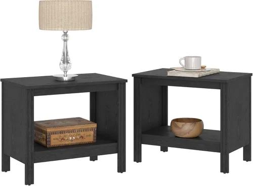 Miniatura 9 de WAMPAT Mesa auxiliar pequeña cuadrada para sala de estar, mesita de noche de madera de 2 niveles con estante de almacenamiento para dormitorio, Negro