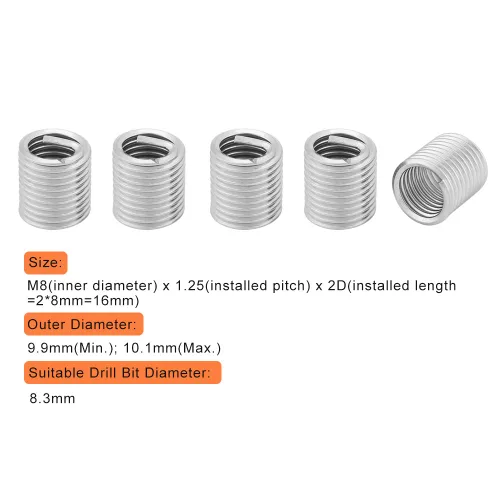 Miniatura 2 de Insertos de hilo de alambre, 100 piezas de acero inoxidable helicoidal de alambre helicoidal insertos de rosca de tornillo M8 x 1.25 x 2D Kit