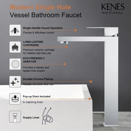 Miniatura 3 de KENES Grifo de lavabo de baño de una sola manija cromada, grifo de lavabo de baño alto con líneas de suministro de agua y desagüe de fregadero Cromo