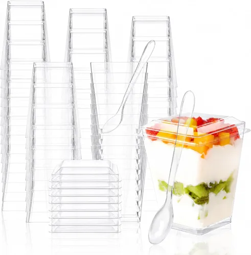 Paquete de 100 Vasos de Postre de Plástico de 5 oz con Tapas y Cucharas, Vasos de Parfait de Yogur y Aperitivos para Fiestas, Mini Vasos de Postre