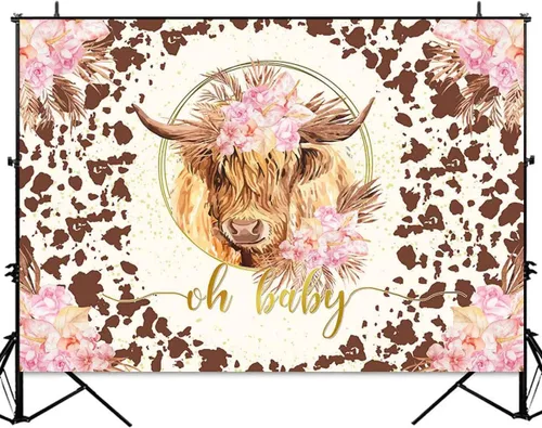 Miniatura 2 de Sensfun Fondo de vaca de las tierras altas para baby shower, decoración de fiesta de vaca sagrada Oh bebé, rosa, bohemio, floral, marrón, granja