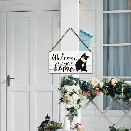 Miniatura 2 de KongMoTree Letrero divertido de madera de bienvenida con gato para puerta delantera, bienvenida a nuestro hogar, porche, rústico, hogar, oficina