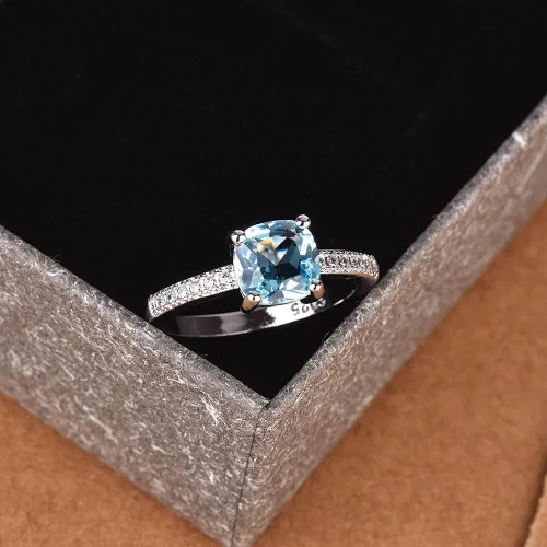 14k White Gold Plated Peacock Blue Topaz Square Diamond Ring Gemstone Ring Aquamarine Gemstone Wedding Bridal Band Ring Gift