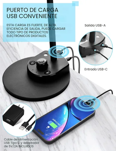 Miniatura 4 de BOHON. Lámpara de escritorio LED con puerto de carga USB, 3 modos de color, luz de lectura regulable, lámpara de tarea de inducción inteligente