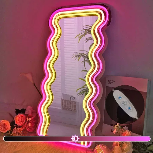 jXIN Letreros de neón de espejo ondulado para decoración de pared, espejos decorativos irregulares montados en la pared con luces de neón regulables