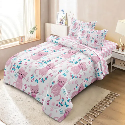 Miniatura 2 de Juego de cama individual para niños con gatos, lindo juego de edredón rosa con animales para decoración de dormitorio de adolescentes, juegos de Cat1