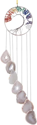 Miniatura 5 de TUMBEELLUWA Colgante de pared con cristales curativos de 7 chakras, árbol de la vida, rebanadas de ágata, adorno colgante de piedras preciosas