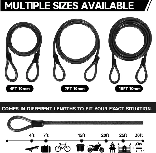 Miniatura 4 de Cable de bloqueo de bicicleta, cable de seguridad resistente de 0.394 in de grosor/4 pies de largo, con bucles, recubierto de vinilo, resistente a
