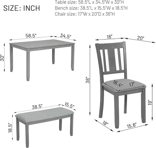 Miniatura 2 de Elegante juego de mesa de comedor de madera de 6 piezas con 4 sillas de respaldo de listones y un banco, juego de mesa de comedor de cocina para 6