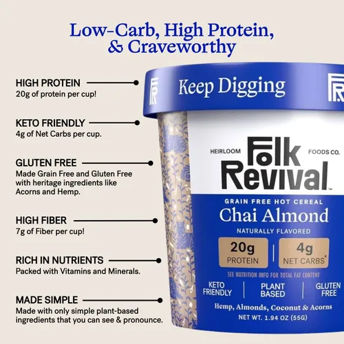 Miniatura 2 de Folk Revival Chai Almond Keto Instant 'Oatmeal' - 0.71 onzas de proteína, 0.71 onzas de carbohidratos netos, alto en fibra, sin OMG, sin gluten