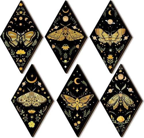 Sintuff 6 piezas de decoración gótica de pared, estilo bohemio, sol y luna, fases artísticas góticas, minimalistas, estrellas, colgantes de madera,