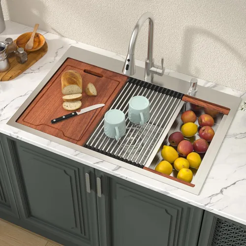 Lordear - Fregadero de cocina encajado de 33 pulgadas con estación de trabajo, de 33 x 22 pulgadas, con una sola cubeta, de acero inoxidable de