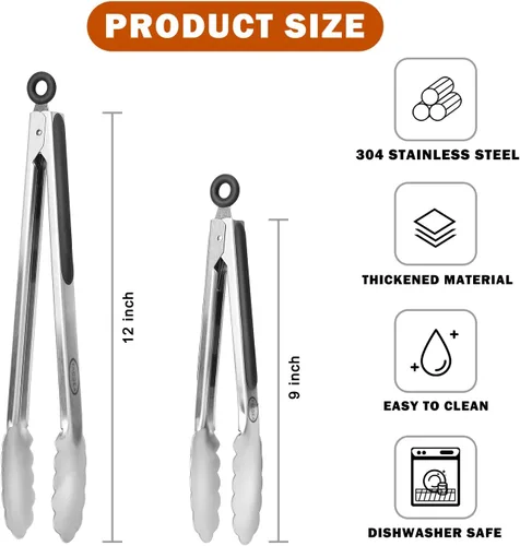 Miniatura 2 de TACGEA Pinzas de cocina de acero inoxidable, agarre antideslizante de silicona, pinzas de bloqueo para alimentos a la parrilla, juego de 2, 9