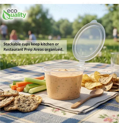 Miniatura 6 de EcoQuality Vasos de porciones a prueba de fugas de 4.5 onzas con tapas, recipientes de plástico para soufflé de condimentos con tapa con bisagras