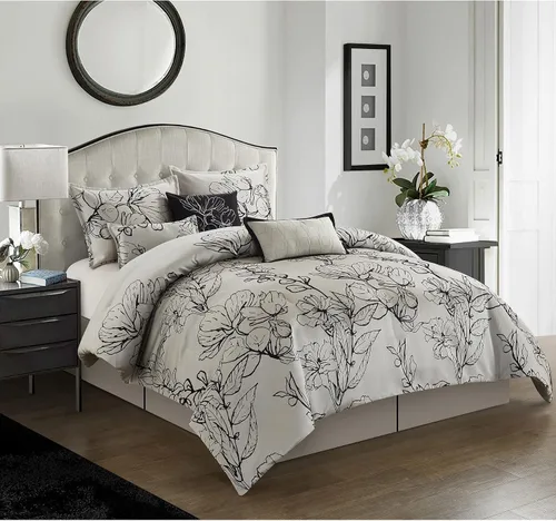 Miniatura 8 de Stratford Park Fantástico juego de edredón floral de 12 piezas, tamaño King, diseño moderno, gris/amarillo, falda de cama a juego, almohadas y Gris-1