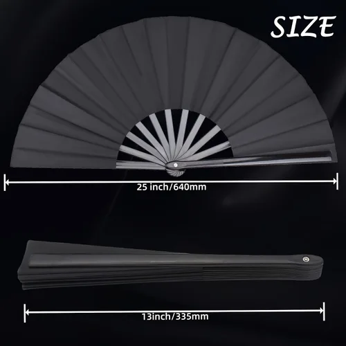 Miniatura 7 de Paquete de 2 ventiladores de mano plegables grandes, ventilador chino negro de Kung Fu Tai Chi, abanicos de tela de nailon para hombres y mujeres