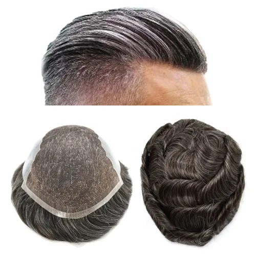 Miniatura 75 de Toupee para hombres pieza de pelo suave suizo encaje real sistema de cabello humano reemplazo blanqueado nudo mens tupé sistema de pelo para hombres