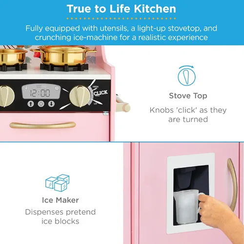 Miniatura 5 de Best Choice Products Juego de juguetes de madera para niños con diseño realista, teléfono, utensilios, horno, microondas, fregadero, rosa floral