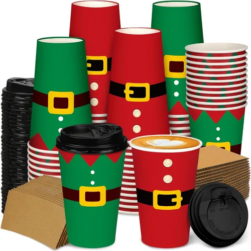 Miniatura 8 de Zhehao 90 piezas/30 juegos de tazas de café de papel navideñas con tapas y fundas, tazas de papel desechables para cacao caliente y fiestas