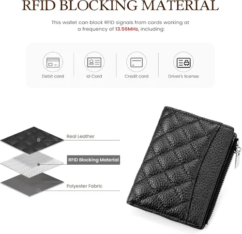 Miniatura 4 de befen Cartera delgada de cuero auténtico con RFID, billetera de dos pliegues para mujer con bolsillo con cremallera y llavero, Negro, Talla única