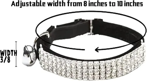 Miniatura 2 de Collar ajustable seguro para gatos CHUKCHI de terciopelo suave Adorno ostentoso de diamante con campanas de 11 pulgadas para perros pequeños y Negro