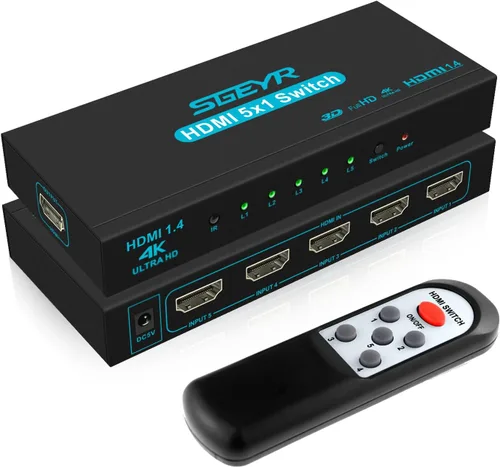 Conmutador HDMI SGEYR 5x1, conmutador HDMI 5 en 1, selector HDMI de 5 puertos, caja con control remoto IR, HDMI 1.4, HDCP 1.4, compatible con