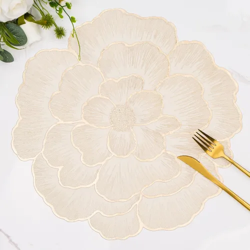 Miniatura 10 de Paquete de 6 manteles individuales redondos con diseño floral dorado y amarillo, manteles individuales de vinilo para mesa de comedor, lavables