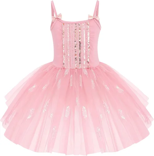 AFAVOM Vestido de ballet con lentejuelas y flecos para niñas pequeñas, vestido de ballet con purpurina y plumas, tutú con falda, leotardo para