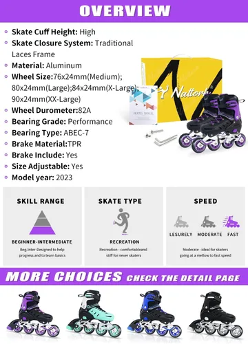 Miniatura 4 de Nattork Patines en línea para niños y niñas, hombres y mujeres, 4 tamaños ajustables, cuchillas de patines de ruedas para principiantes para niños