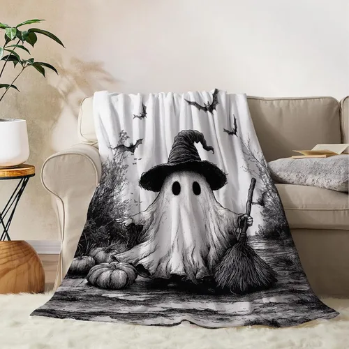 Miniatura 12 de YeeJu Manta de Halloween pequeña de fantasma espeluznante negro, manta de Halloween para bebé, manta acogedora suave y ligera de felpa de forro