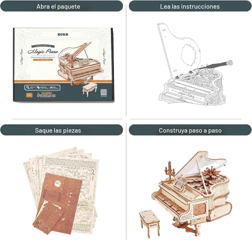 Miniatura 4 de ROKR Rompecabezas de madera 3D para adultos, 223 piezas, kit de modelo de piano a escala 1:20, rompecabezas de construcción, caja de música