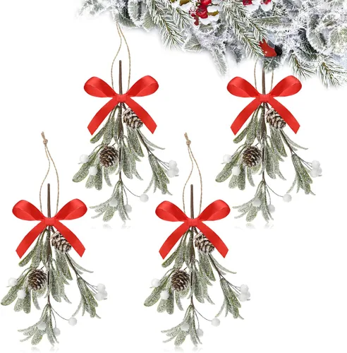 Miniatura 12 de Giegxin 1 pieza Adorno de Navidad Artificial de Muérdago Colgante con Lazo Rojo Bouquet de Adornos Colgantes de Navidad Floral con Piñas Naturales