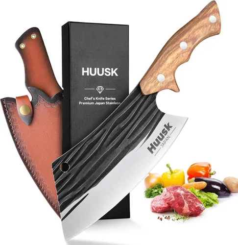 Huusk Cuchillos de carnicero para cortar carne, cuchillo de carnicero forjado a mano, cuchillo de chef de acero de alto carbono, cuchillo de