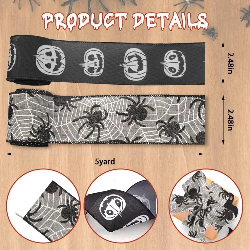 Miniatura 2 de Threetols 2 rollos de cinta de Halloween con borde con cable de 10 yardas, cinta de arpillera de tela de araña negra de 2.5 pulgadas, cinta