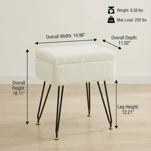 Miniatura 2 de Taburete de tocador, taburete otomano de piel sintética de peluche con patas de metal y pies negros ajustables, silla de maquillaje con Blanco